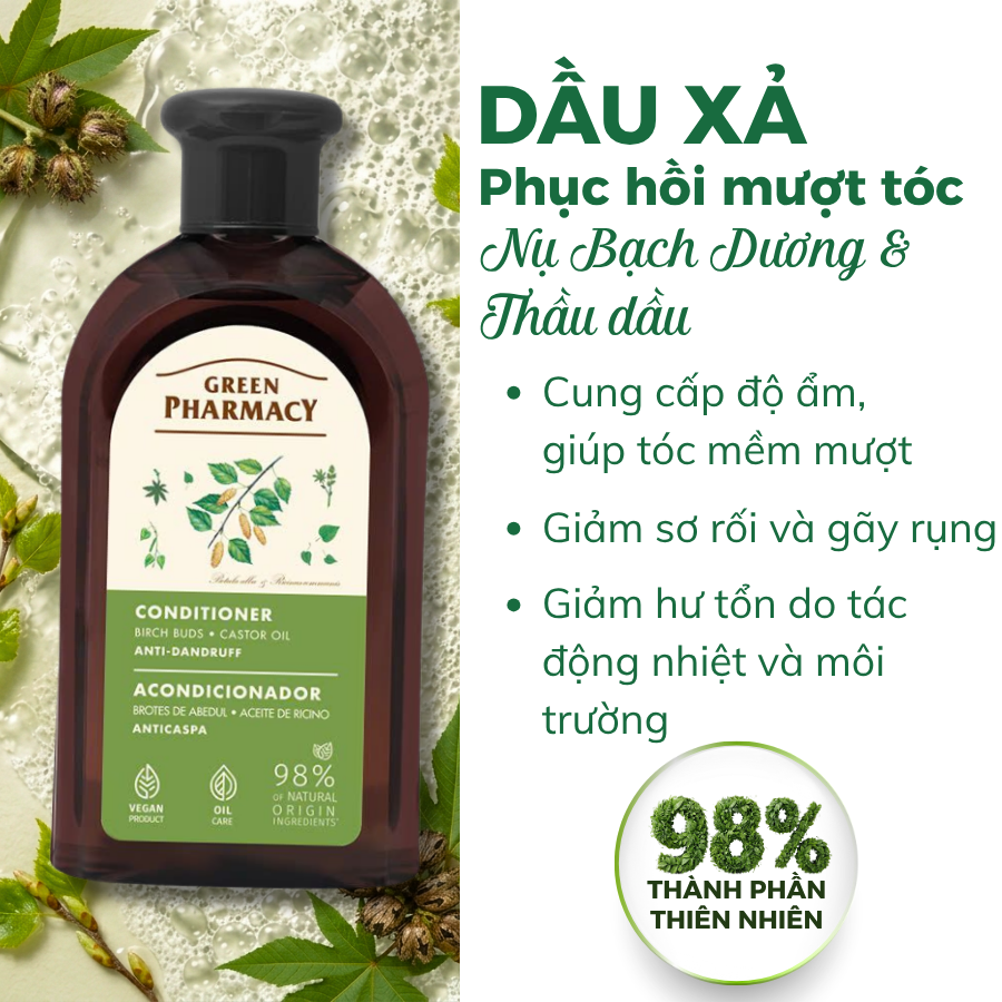 Dầu Xả Nụ Bạch Dương & Thầu Dầu Green Pharmacy 300ml Giúp Ngăn Ngừa Gãy Rụng Và Dưỡng Tóc Suôn Mượt - Ảnh 6