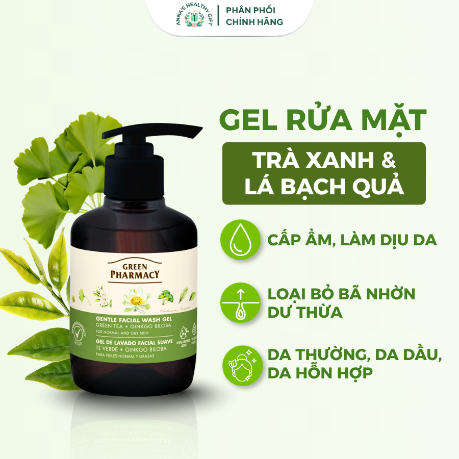 Gel Rửa Mặt Green Pharmacy Trà Xanh & Lá Bạch Quả 270ml - Sữa Rửa Mặt Kiềm Dầu, Cho Da Dầu Mụn