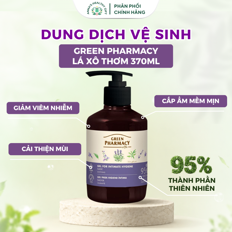 Dung Dịch Vệ Sinh Phụ Nữ Green Pharmacy Cây Xô Thơm 370ml - Làm Sạch Dịu Nhẹ, Khử Mùi Khô Thoáng
