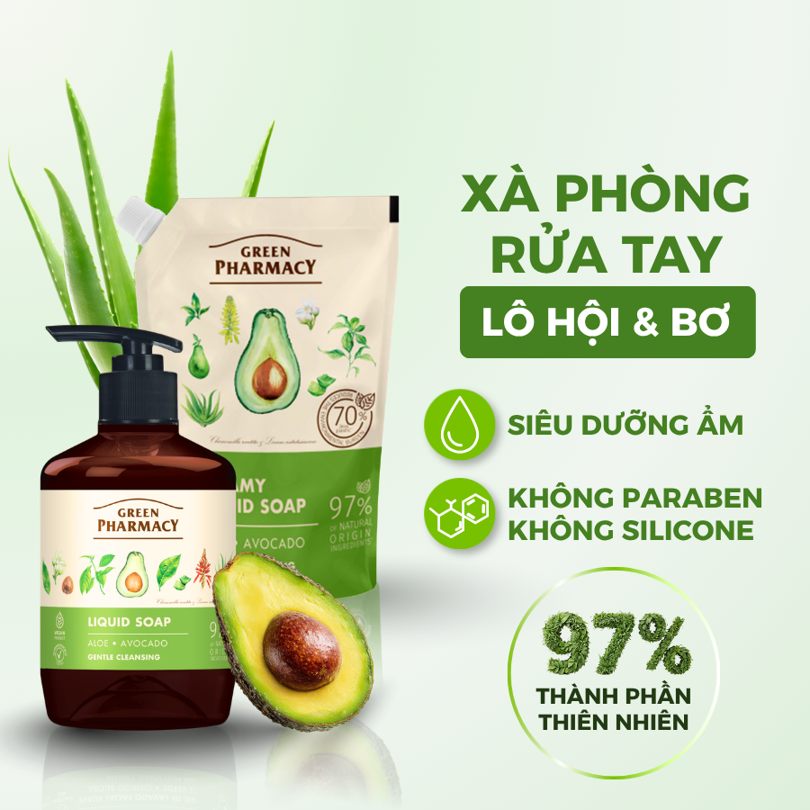 Xà Phòng Rửa Tay Thiên Nhiên Green Pharmacy Chiết Xuất Lô Hội Và Dầu Bơ 460ml Dạng Túi Thay Thế