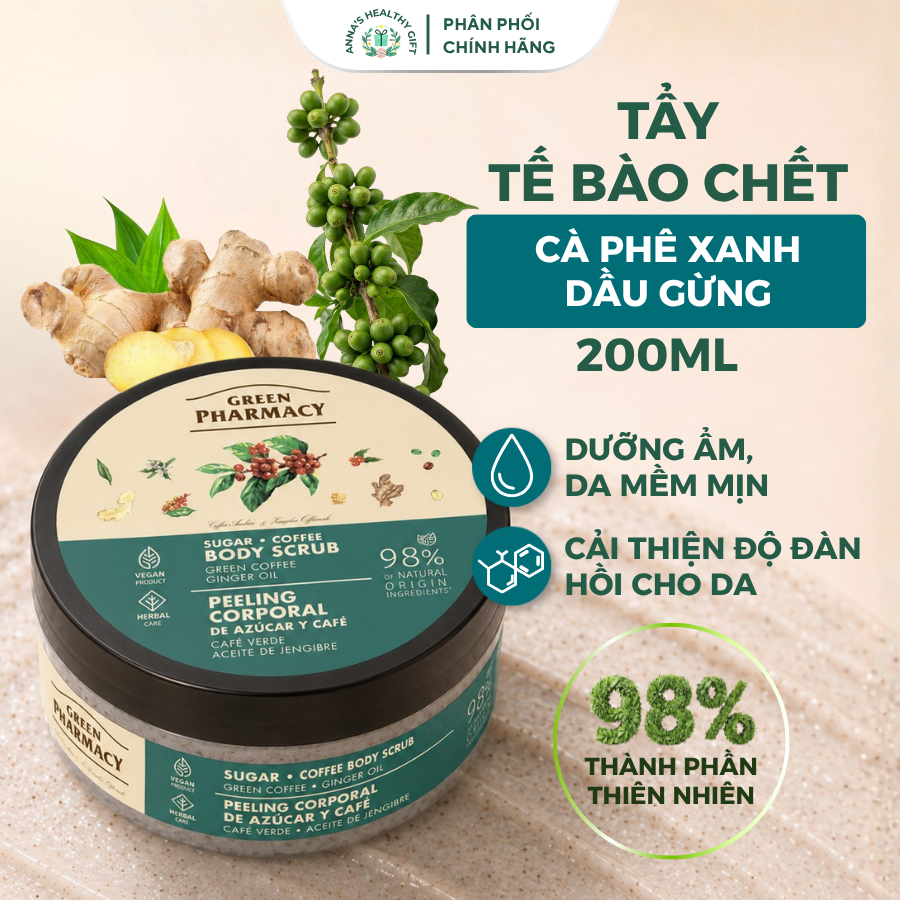 Tẩy Tế Bào Chết Body Scrub Cà Phê Xanh Và Dầu Gừng 200ml Hỗ Trợ Săn Chắc Mịn Da